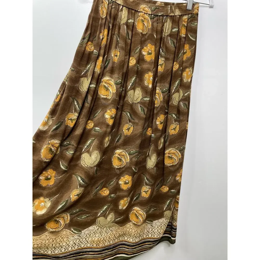 Vtg Vermont Country Store Floral Midi Skirt Pull On Pleated Brown Women's Size M